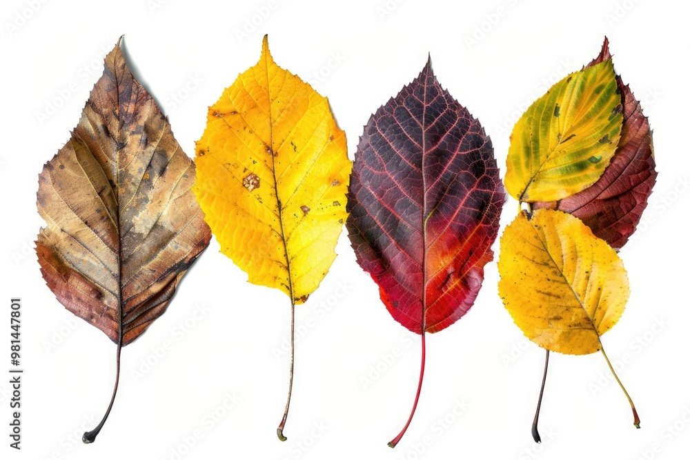 Four different colored leaves on a white surface Four different colored leaves on a white surface