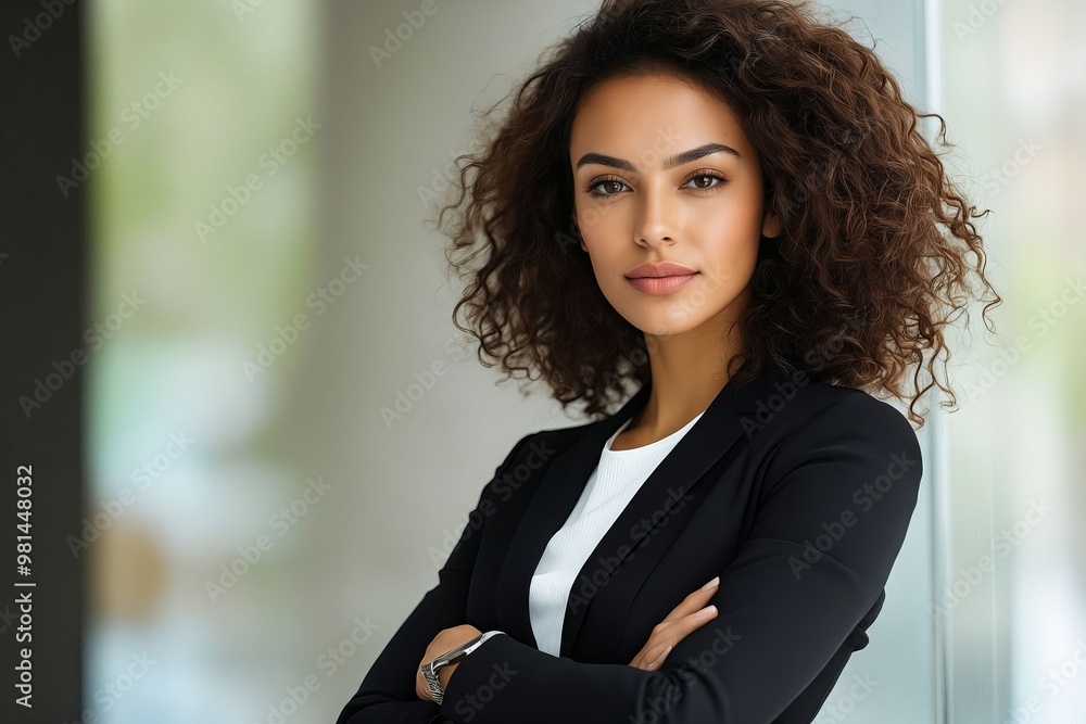 A woman in a business suit standing with her arms crossed A woman in a business suit standing with her arms crossed