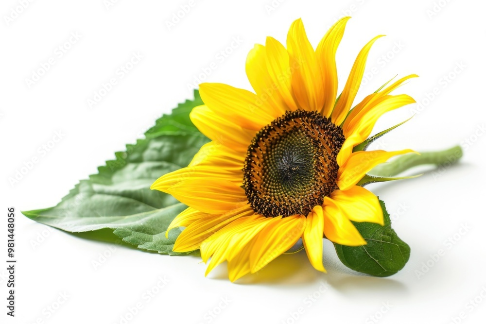 Obraz premium A solitary sunflower grows on a white surface, surrounded by lush green leaves