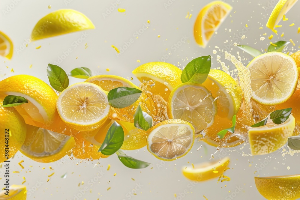 Fresh lemons falling from above, creating a citrusy mess Fresh lemons falling from above, creating a citrusy mess
