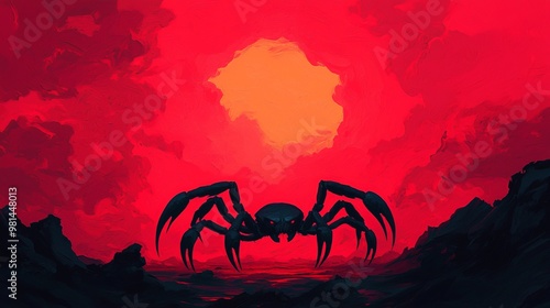 Dark Spider Silhouette Against Vibrant Sunset Sky