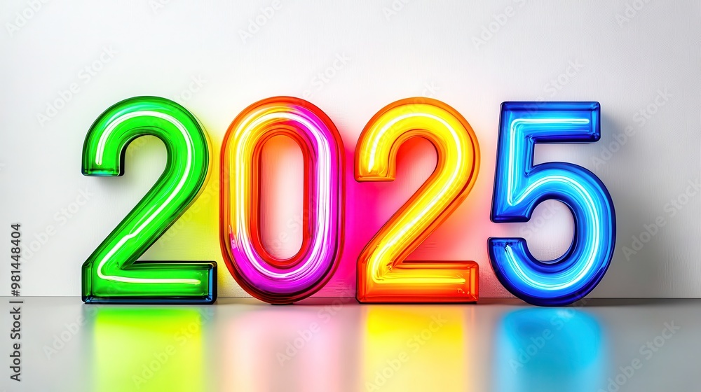 Colorful neon sign showing year 2025 against a white wall Colorful neon sign showing year 2025 against a white wall