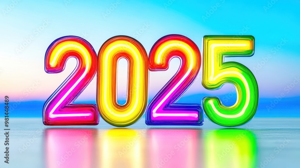 Colorful neon sign showing year 2025 against a white wall Colorful neon sign showing year 2025 against a white wall
