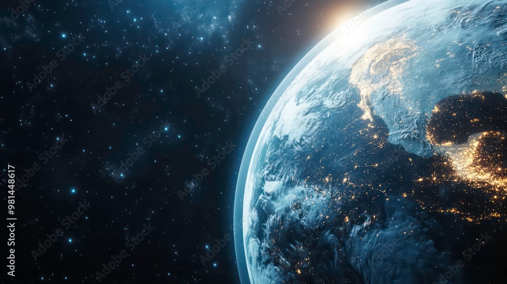 Fototapeta premium Earth from space with a glowing sunrise.