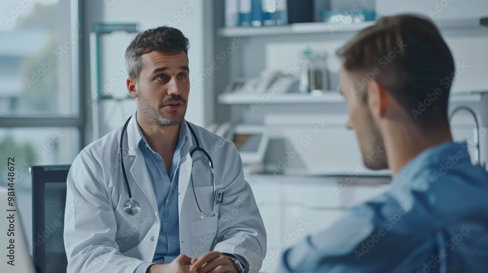 Medicine, healthcare, and people concept - doctor talking to a male patient in a medical office in a hospital Medicine, healthcare, and people concept - doctor talking to a male patient in a medical office in a hospital