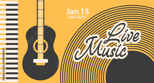 Jazz poster background template for music festival. Classical guitar, piano keys and lettering, event flyer design. Vintage retro style illustration