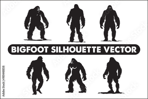 Bigfoot silhouette, Sasquatch vector, mythical creature, forest legend, cryptid art, wildlife silhouette, nature vector, outdoor adventure, mysterious figure, folklore illustration, camping theme, dar