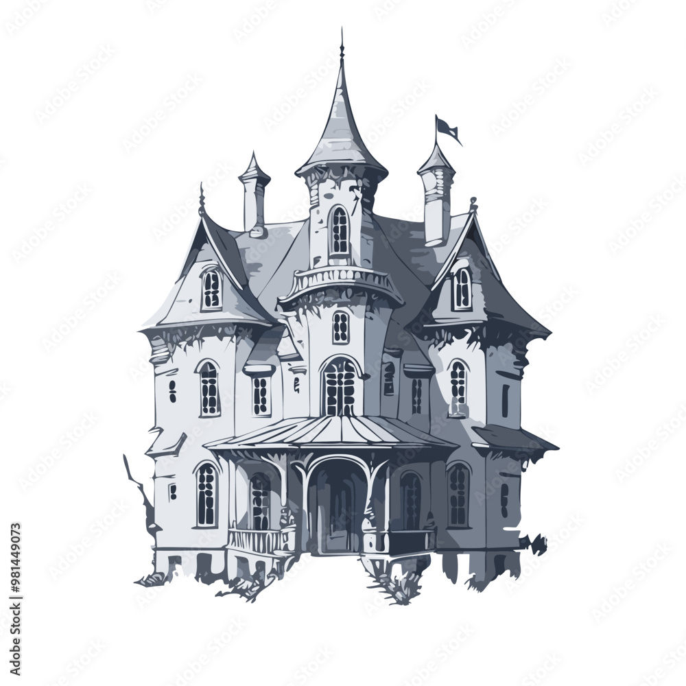 Obraz premium Haunted house sketch design. Spooky haunted mansion pen sketch vector art design.architecture, art, autumn, backgrounds, black color, blueprint, book, Building Exterior, cartoon, castle, clip art, com