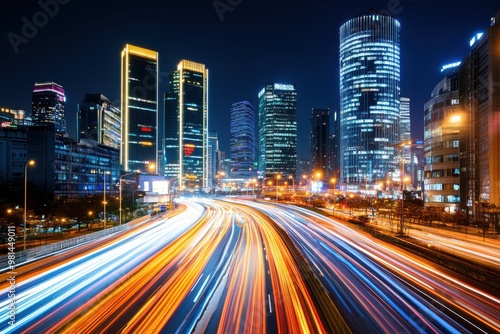 Night Cityscape with Traffic Light Trails and Modern Buildings