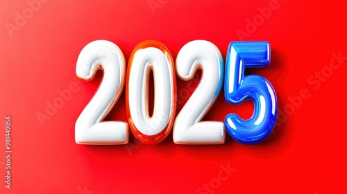 2025 bold rainbow colored text casting shadow on red background