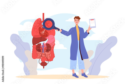 Doctor check heart. Man in medical gown with magnifying glass evaluates internal organs. Healthcare and medicine. Diagnosis and treatment. Flat vector illustration