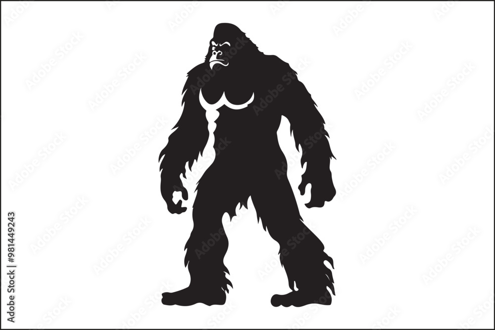 Fototapeta premium Bigfoot silhouette, Sasquatch vector, mythical creature, forest legend, cryptid art, wildlife silhouette, nature vector, outdoor adventure, mysterious figure, folklore illustration, camping theme, dar