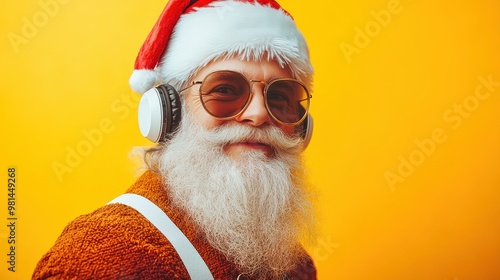 Cool santa claus wearing sunglasses is listening music and dancing on yellow background