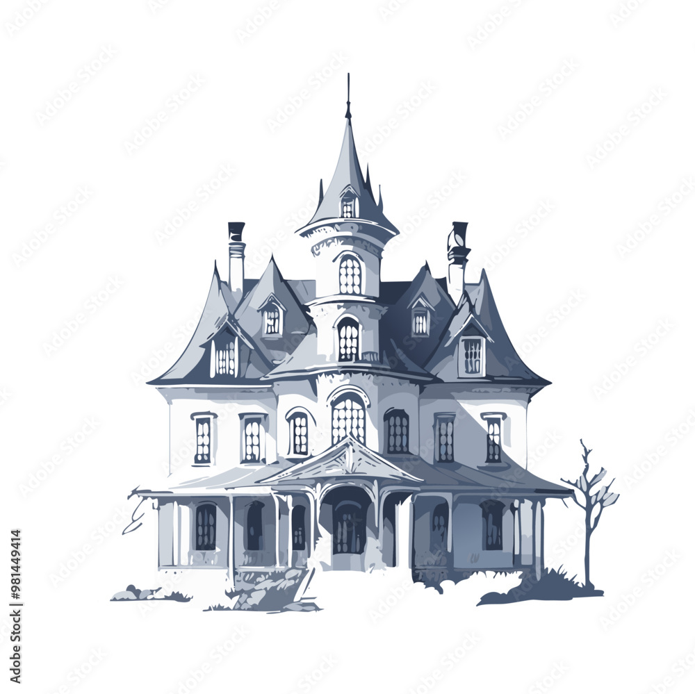 Fototapeta premium Haunted house sketch design. Spooky haunted mansion pen sketch vector art design.