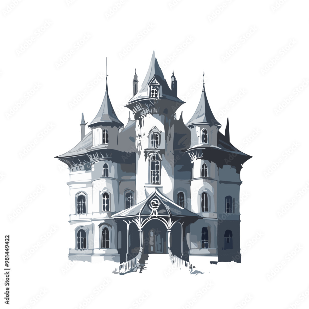Obraz premium Haunted house sketch design. Spooky haunted mansion pen sketch vector art design.