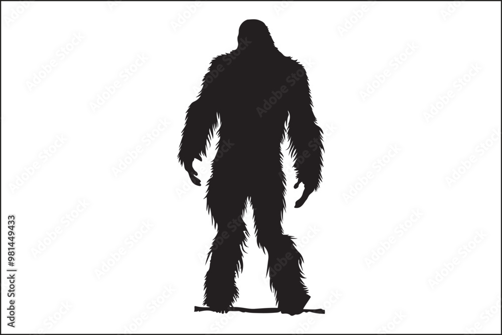 Fototapeta premium Bigfoot silhouette, Sasquatch vector, mythical creature, forest legend, cryptid art, wildlife silhouette, nature vector, outdoor adventure, mysterious figure, folklore illustration, camping theme, dar