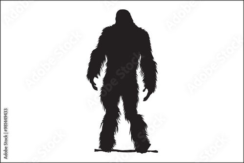 Bigfoot silhouette, Sasquatch vector, mythical creature, forest legend, cryptid art, wildlife silhouette, nature vector, outdoor adventure, mysterious figure, folklore illustration, camping theme, dar