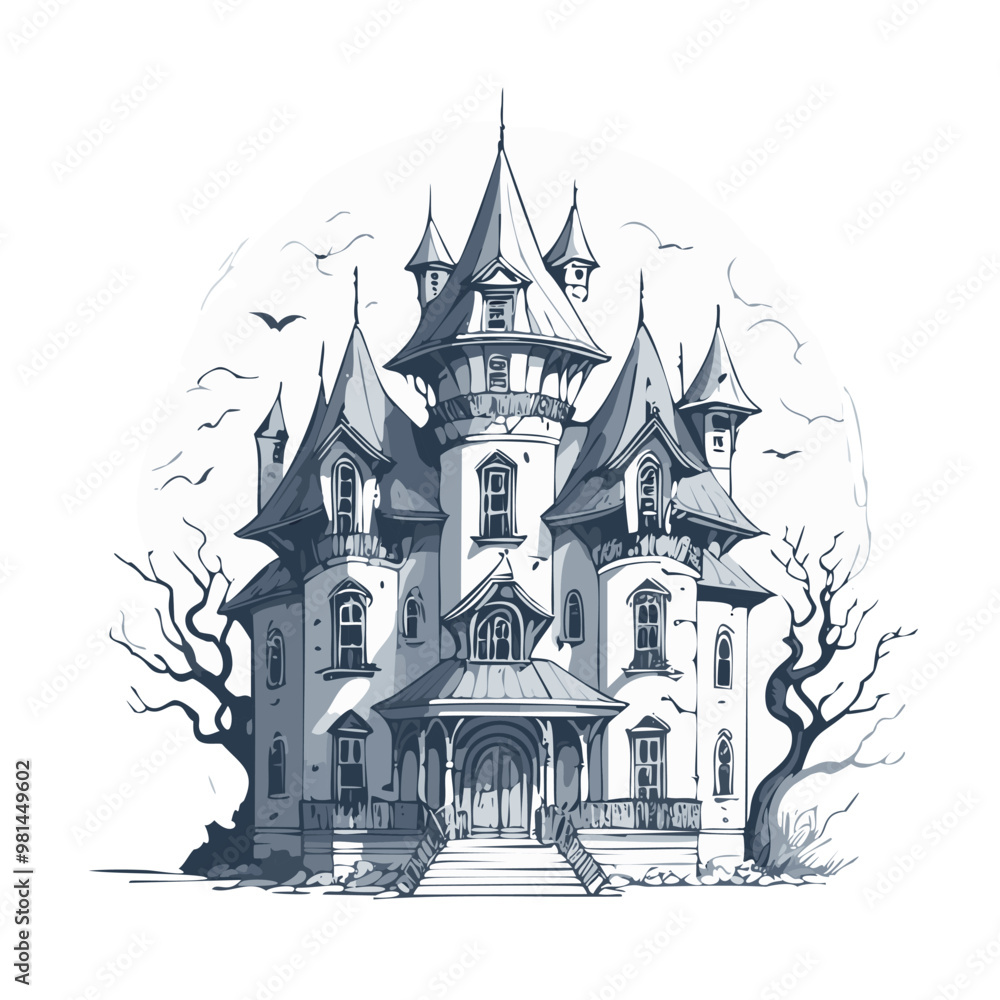 Obraz premium Haunted house sketch design. Spooky haunted mansion pen sketch vector art design.