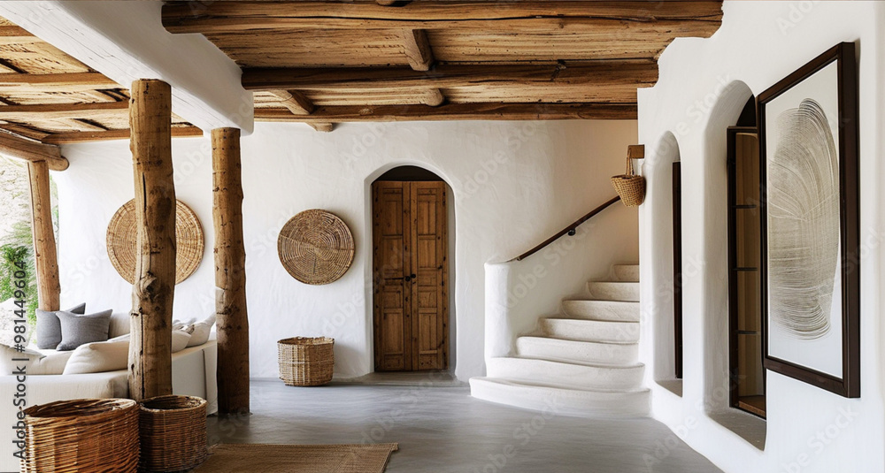 Obraz premium Rustic Mediterranean-inspired hallway with wooden beams, white walls, and woven accents, cozy decor