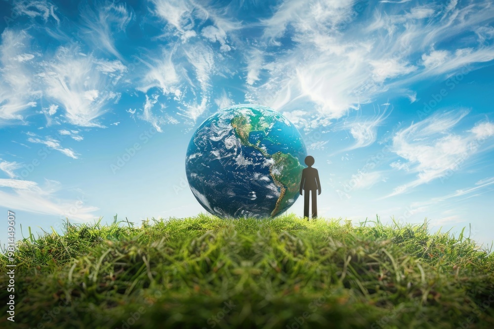 A person stands on top of a grassy hill, offering a scenic view A person stands on top of a grassy hill, offering a scenic view