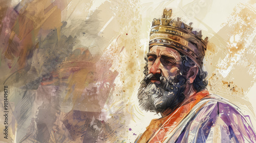  King Solomon from the Old Testament, portrayed with regal attire and a wise, contemplative expression.
