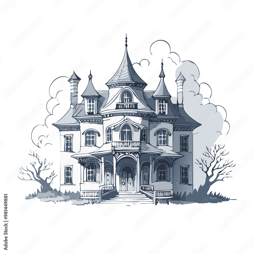 Fototapeta premium Haunted house sketch design. Spooky haunted mansion pen sketch vector art design.