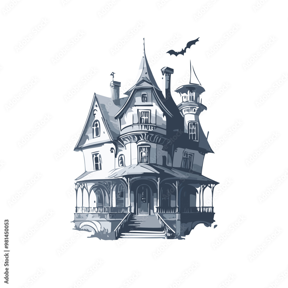 Fototapeta premium Haunted house sketch design. Spooky haunted mansion pen sketch vector art design.