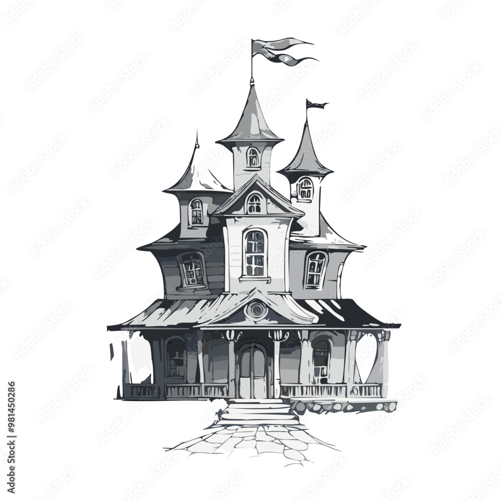 Fototapeta premium Haunted house sketch design. Spooky haunted mansion pen sketch vector art design.