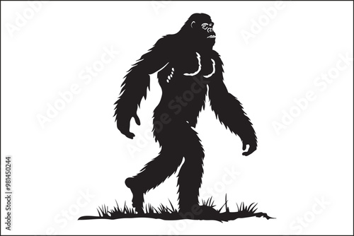 Bigfoot silhouette, Sasquatch vector, mythical creature, forest legend, cryptid art, wildlife silhouette, nature vector, outdoor adventure, mysterious figure, folklore illustration, camping theme, dar