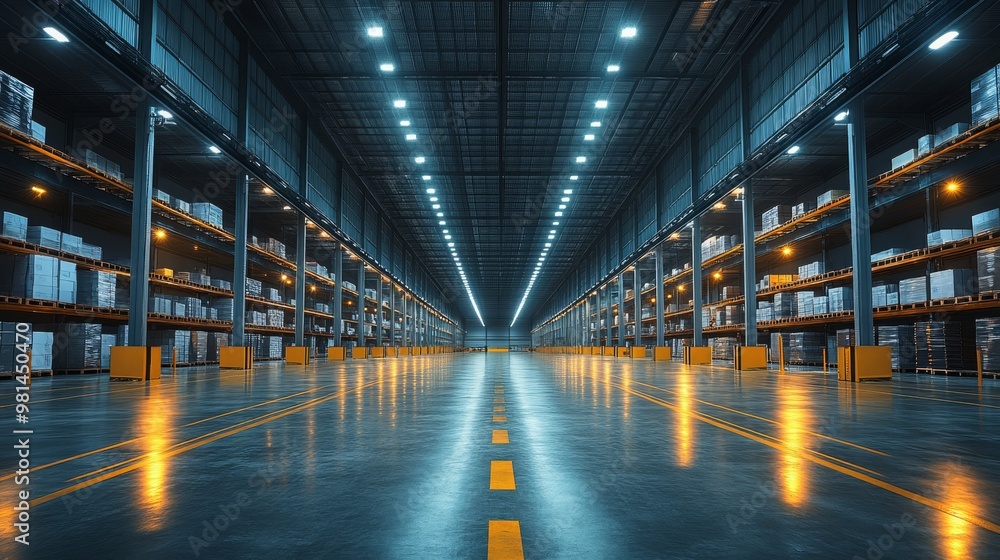A spacious futuristic warehouse equipped with robotic process automation handling logistics A spacious futuristic warehouse equipped with robotic process automation handling logistics