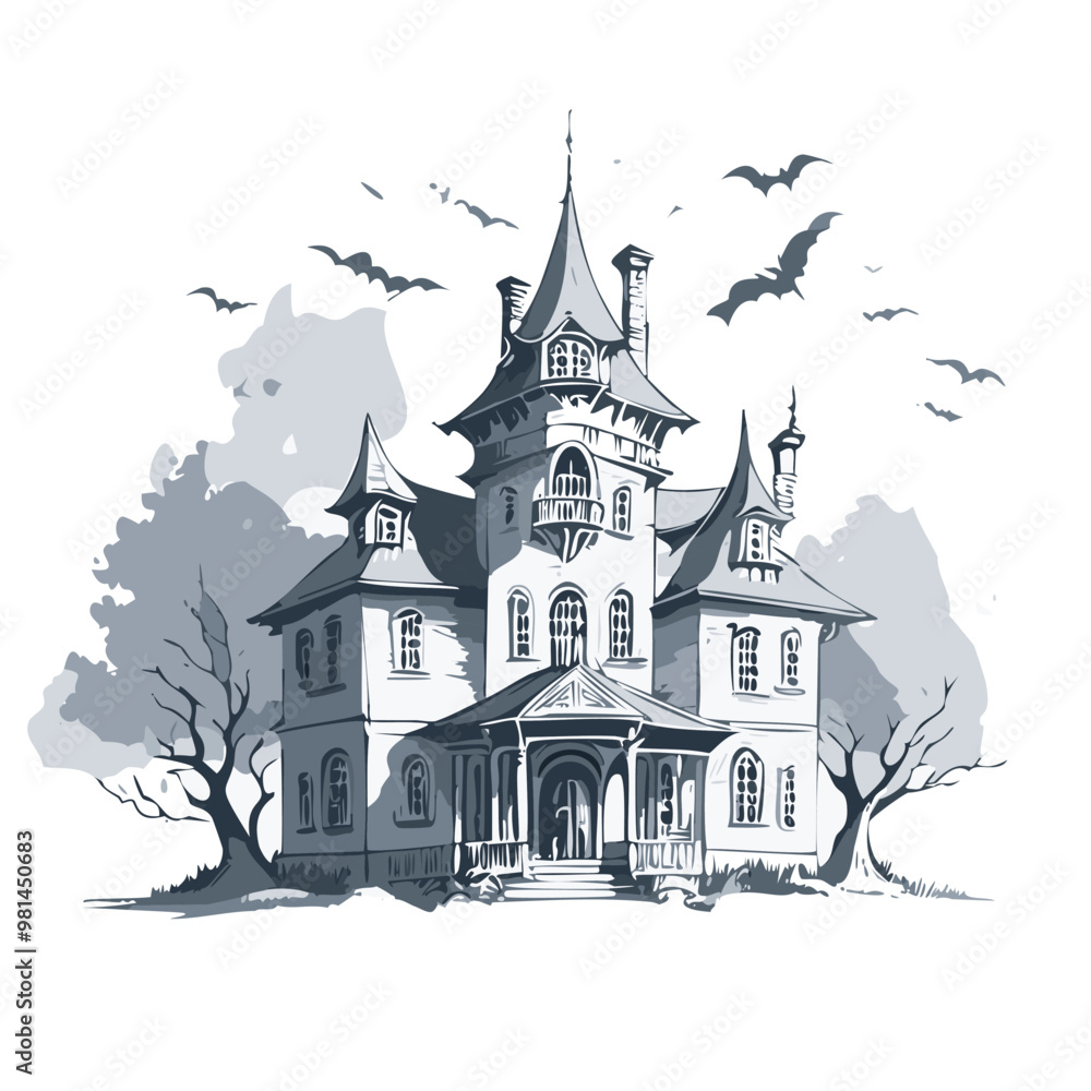 Obraz premium Haunted house sketch design. Spooky haunted mansion pen sketch vector art design.