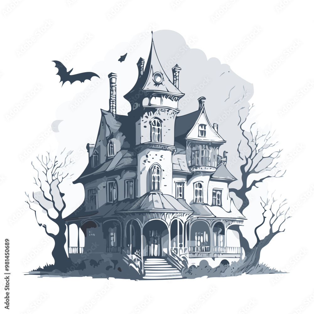 Obraz premium Haunted house sketch design. Spooky haunted mansion pen sketch vector art design.