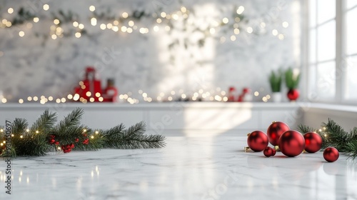 A white kitchen counter with lots of red Christmas decorations on it with copy space