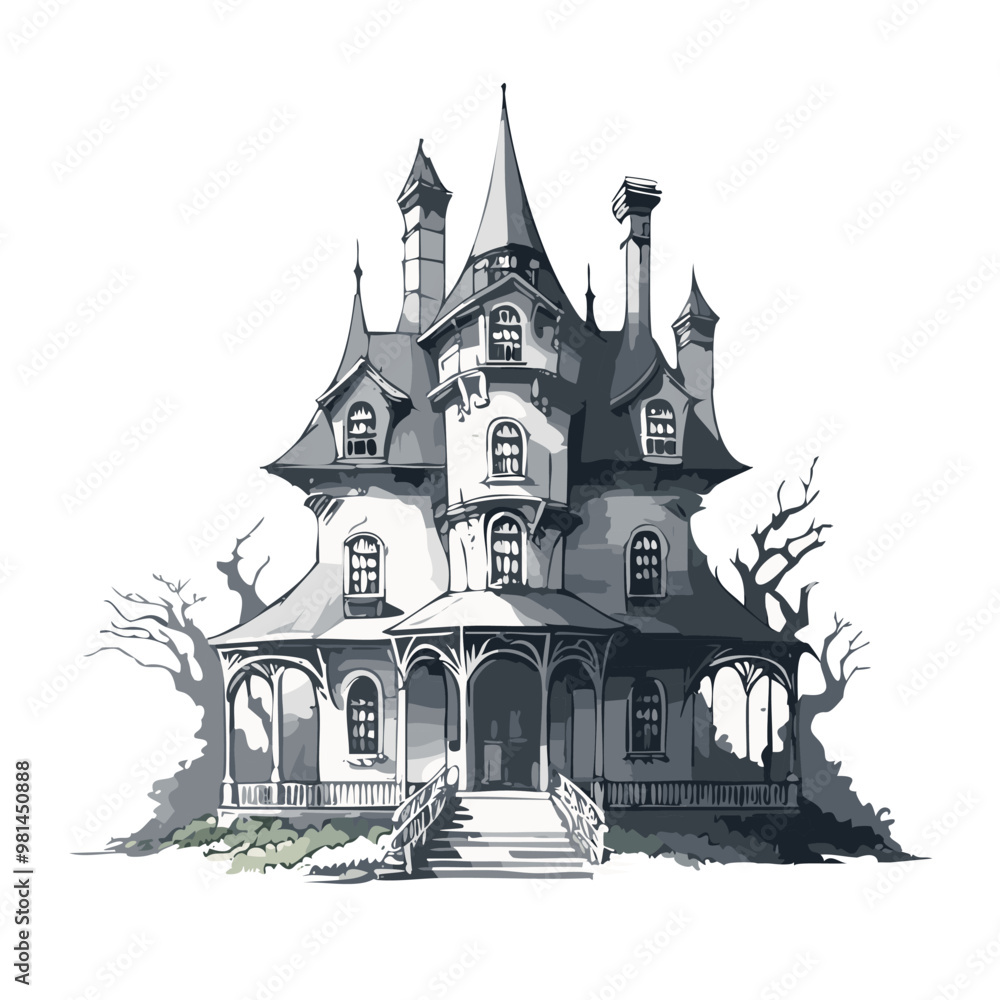 Fototapeta premium Haunted house sketch design. Spooky haunted mansion pen sketch vector art design.