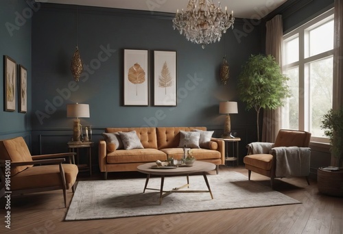 Wallpaper Mural A decorated living room with elegant furniture and a chandelier Torontodigital.ca