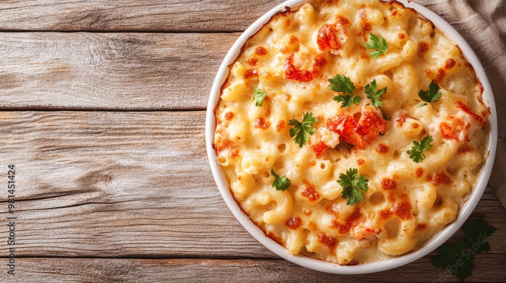 Creamy lobster mac and cheese garnished with fresh herbs on a rustic wooden table setting Creamy lobster mac and cheese garnished with fresh herbs on a rustic wooden table setting
