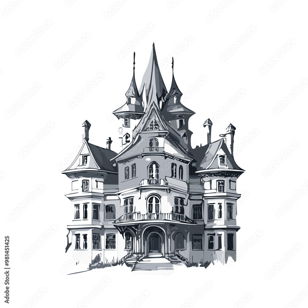 Obraz premium Haunted house sketch design. Spooky haunted mansion pen sketch vector art design.