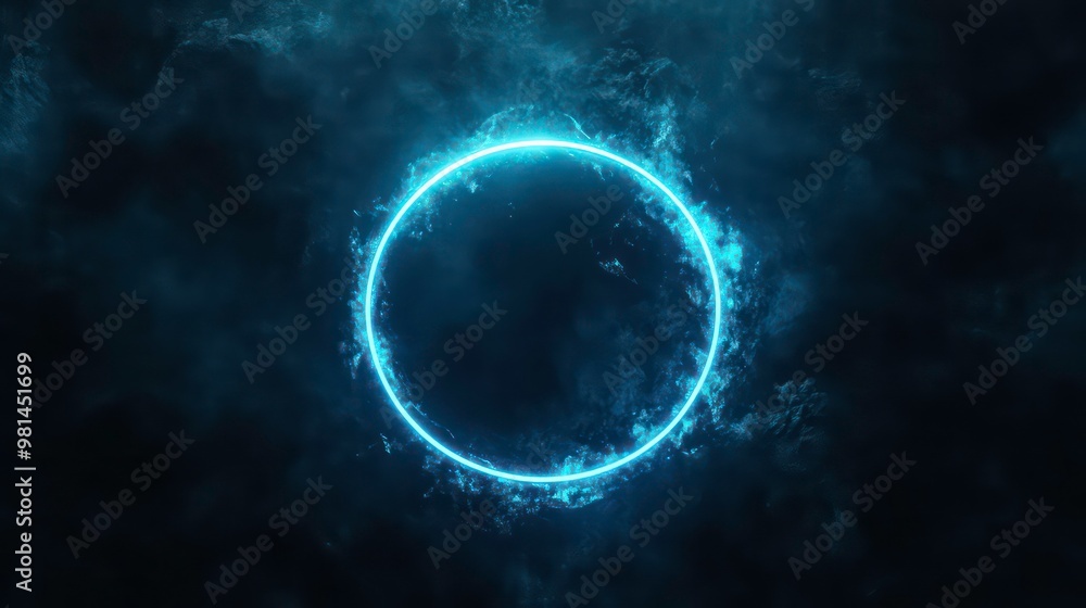 Glowing blue circle against dark smoky background with copy space. Glowing blue circle against dark smoky background with copy space.