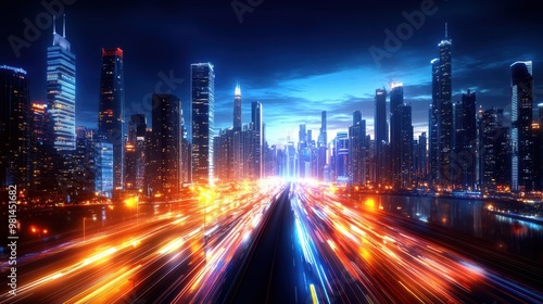 Night Cityscape with Light Trails and Skyscrapers