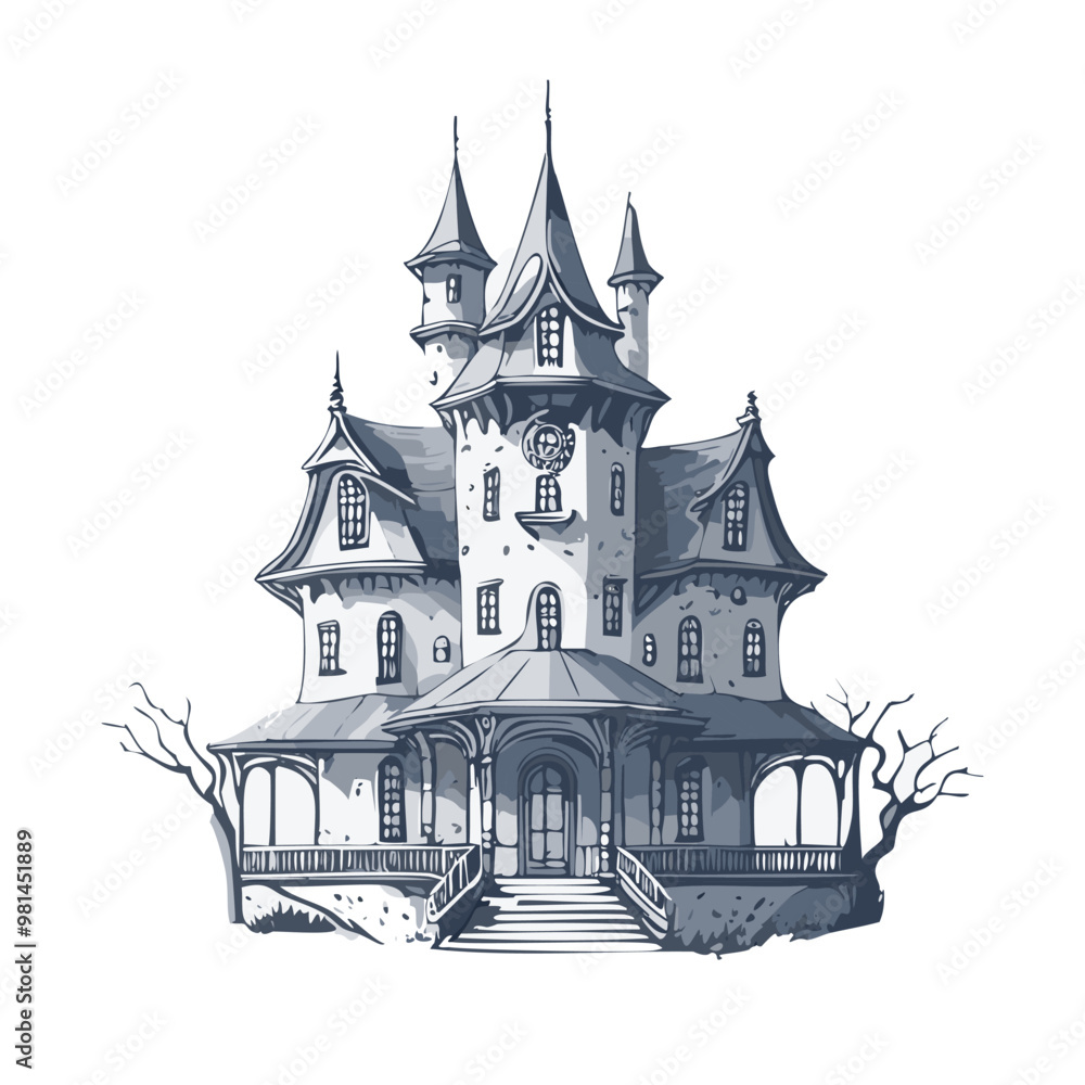 Obraz premium Haunted house sketch design. Spooky haunted mansion pen sketch vector art design.