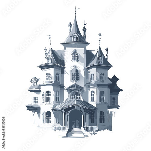 Haunted house sketch design. Spooky haunted mansion pen sketch vector art design.