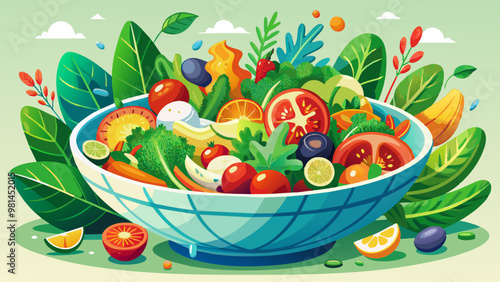 A bowl of bright colorful  vegetables, fresh salad on pastel background representing a balanced and nutritious diet, healthy eating concept
