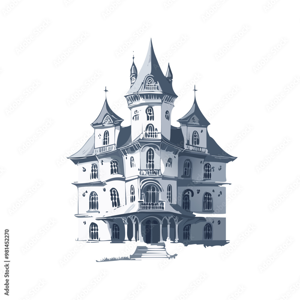 Obraz premium Haunted house sketch design. Spooky haunted mansion pen sketch vector art design.