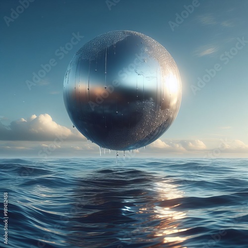 Futuristic Metal Sphere Floating Above the Ocean