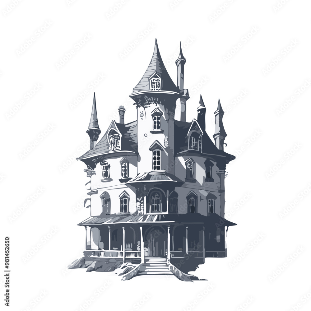 Obraz premium Haunted house sketch design. Spooky haunted mansion pen sketch vector art design.