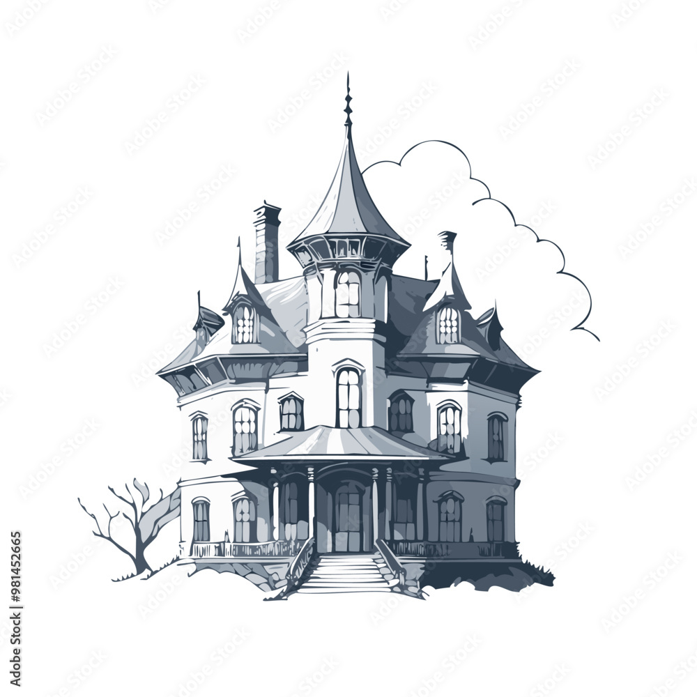 Obraz premium Haunted house sketch design. Spooky haunted mansion pen sketch vector art design.