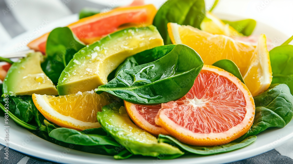 Fresh citrus avocado salad with spinach, healthy vibrant meal Fresh citrus avocado salad with spinach, healthy vibrant meal