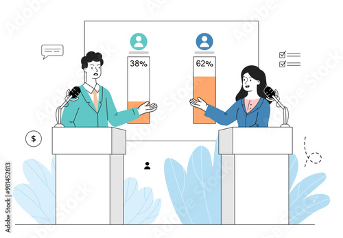 Politicians at debate. Man and woman perform in front of audience. Preelection campaign dispute. Freedom of speech and democracy. Linear vector illustration
