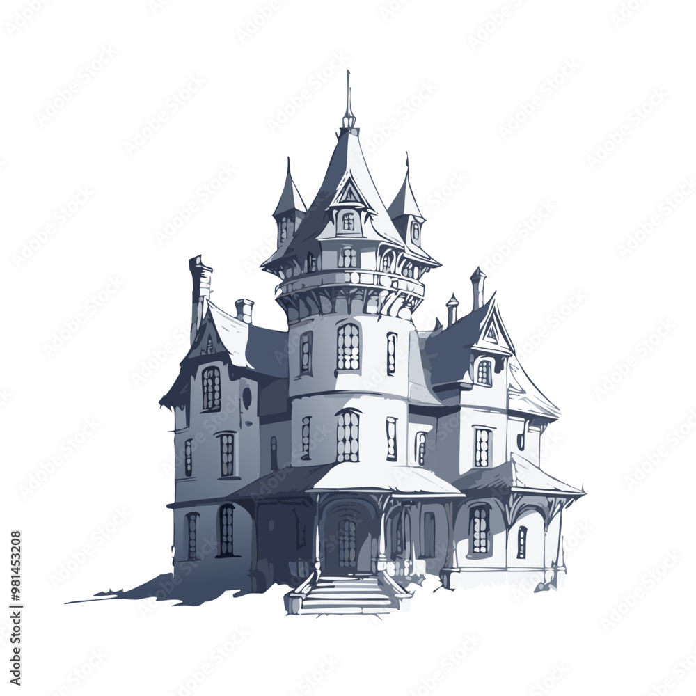 Fototapeta premium Haunted house sketch design. Spooky haunted mansion pen sketch vector art design.