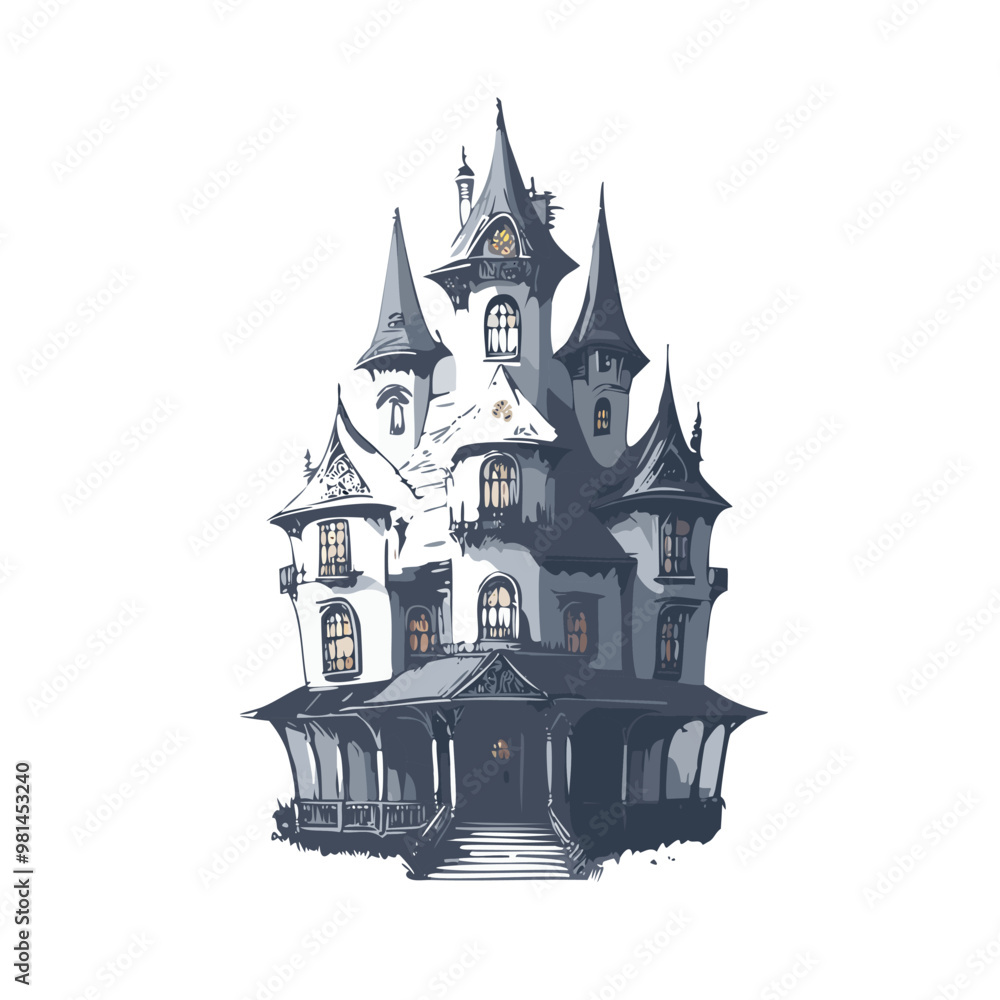 Obraz premium Haunted house sketch design. Spooky haunted mansion pen sketch vector art design.